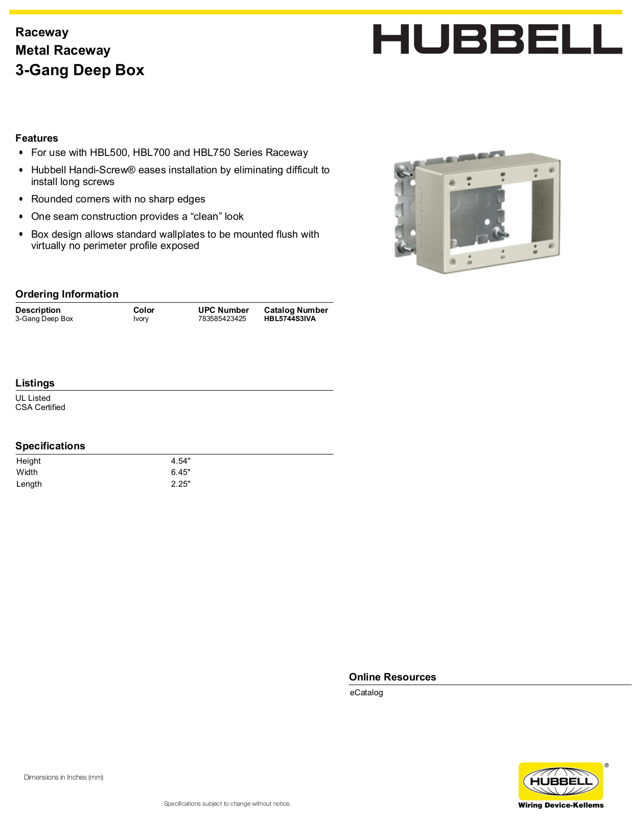 Hubbell HBL5744S3IVA Specifications