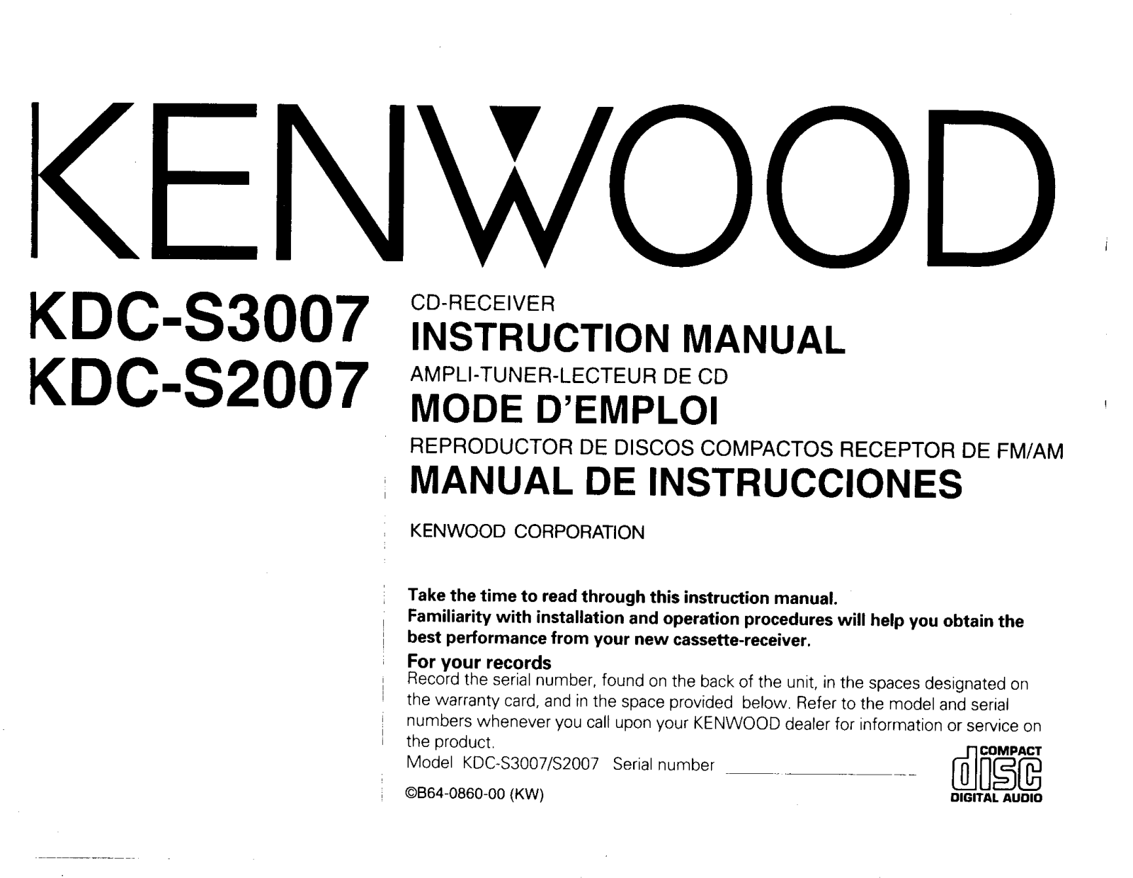 Kenwood KDC-S3007, KDC-S2007 User Manual