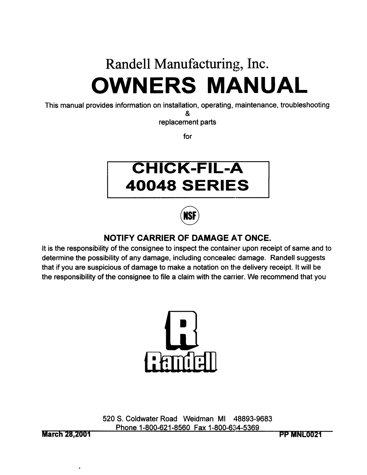 RANDELL 40048AMCF Installation  Manual