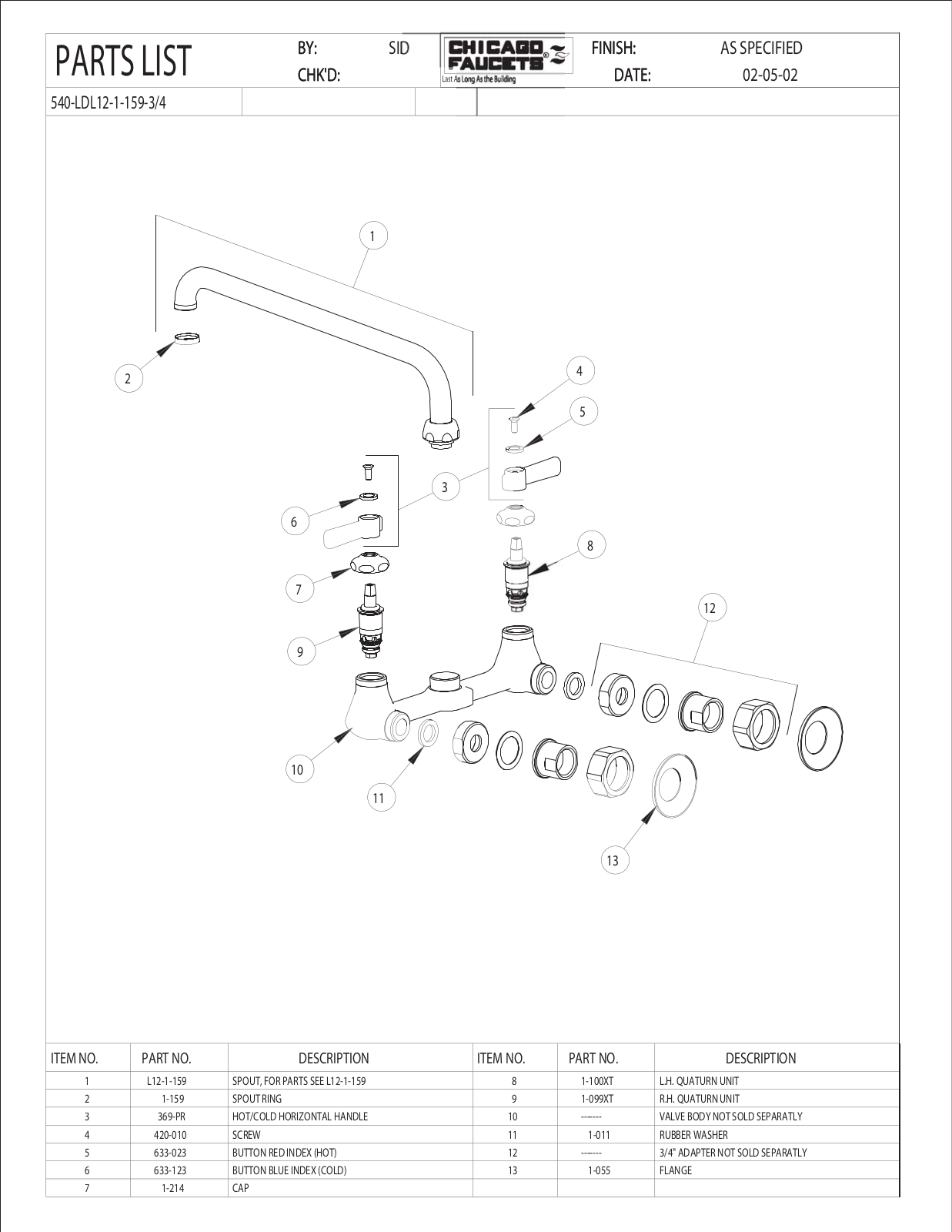 Chicago Faucet 540-LDL12-1-159-3-4 Parts List