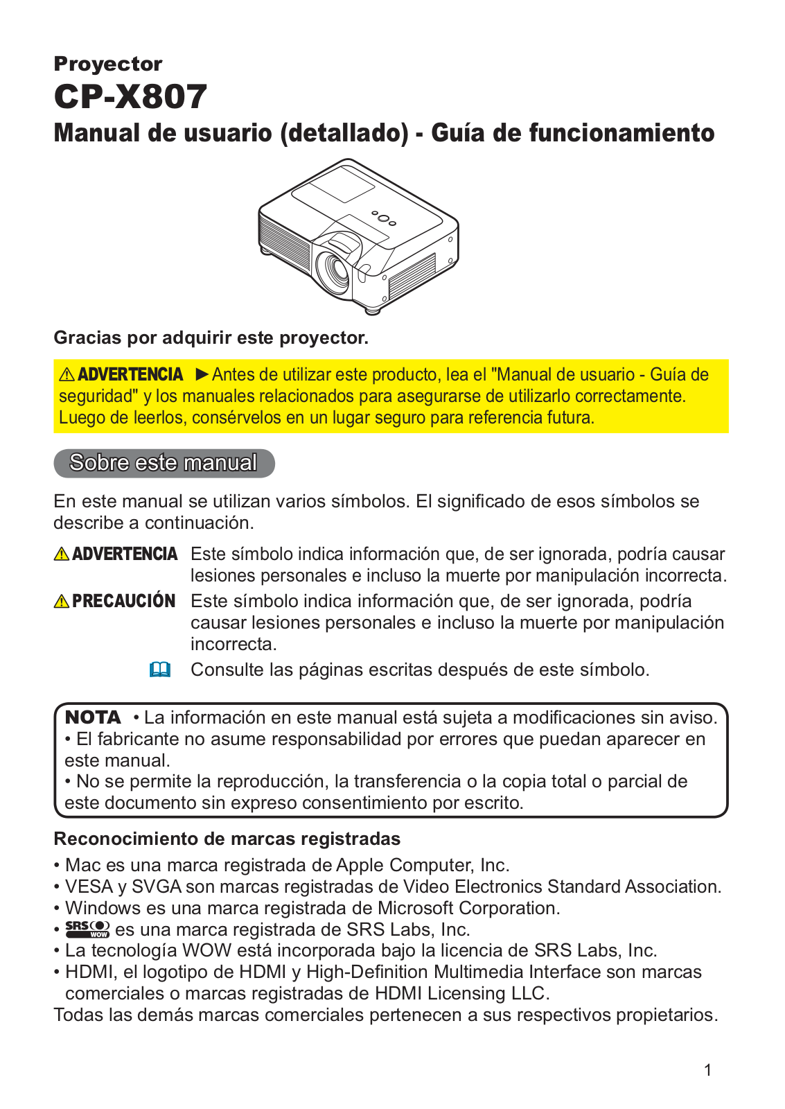 Hitachi CP-X807W User Manual