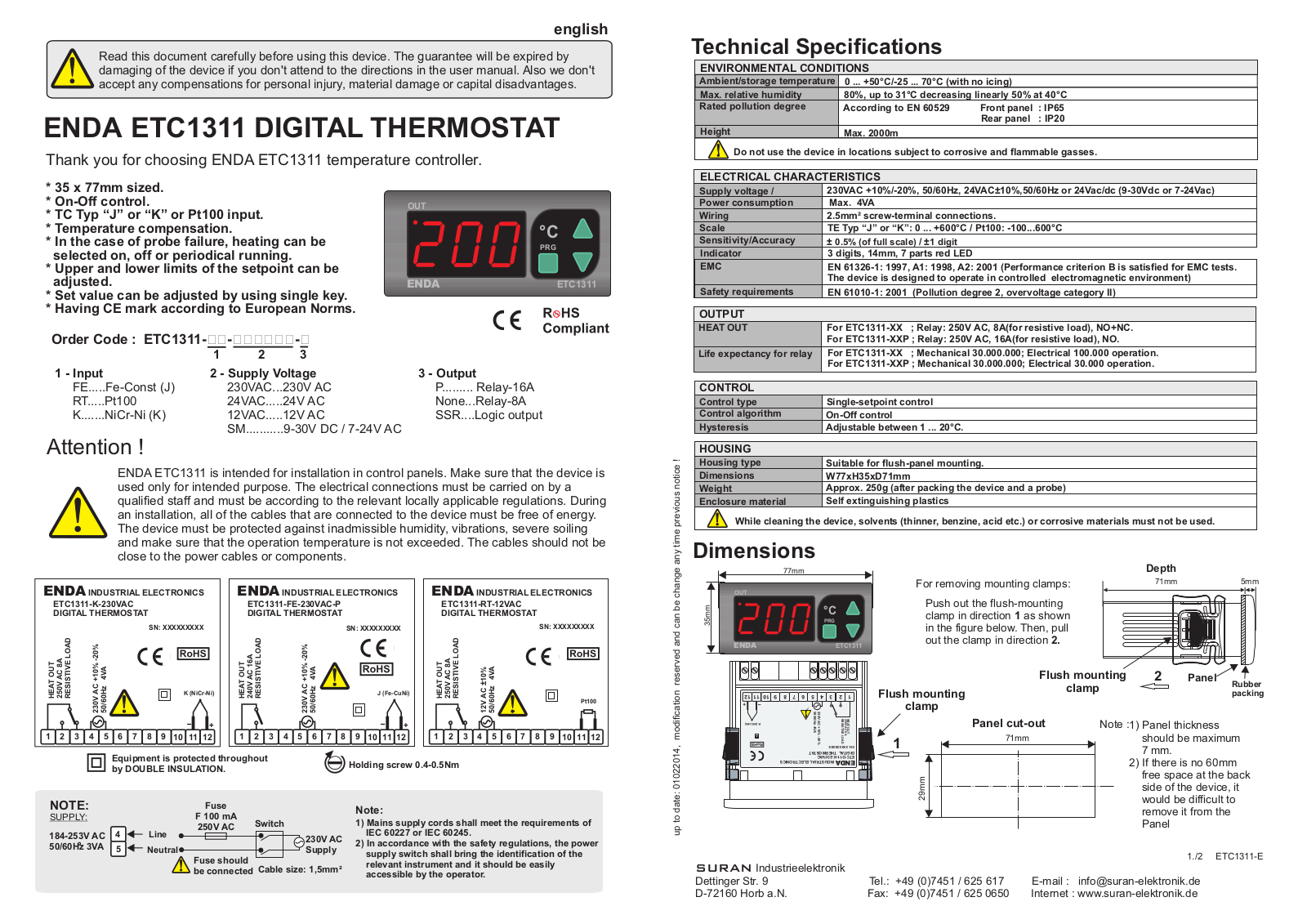 Enda ETC1311, ETC1311-FE-230VAC, ETC1311-RT-230VAC, ETC1311-K-230VAC, ETC1311-FE-24VAC User manual