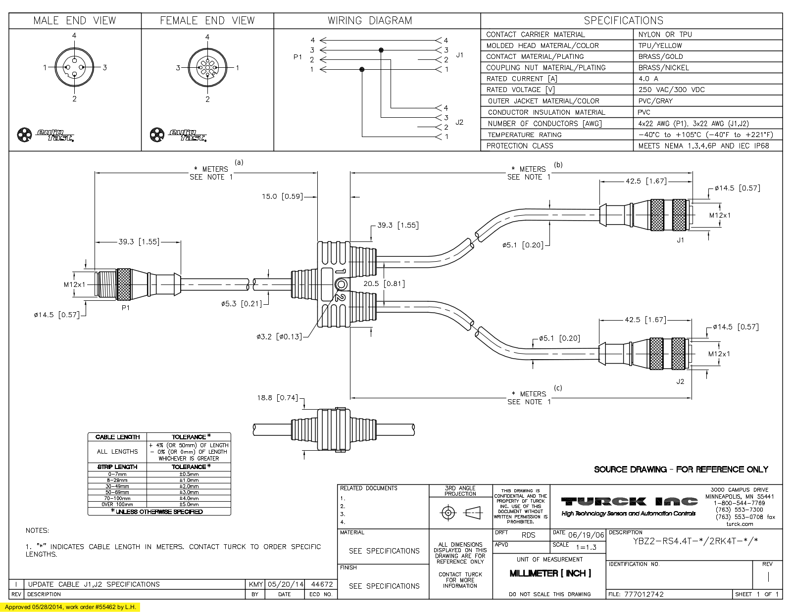 Turck YBZ2-RS4.4T-1/2RK4T-1/1 Specification Sheet