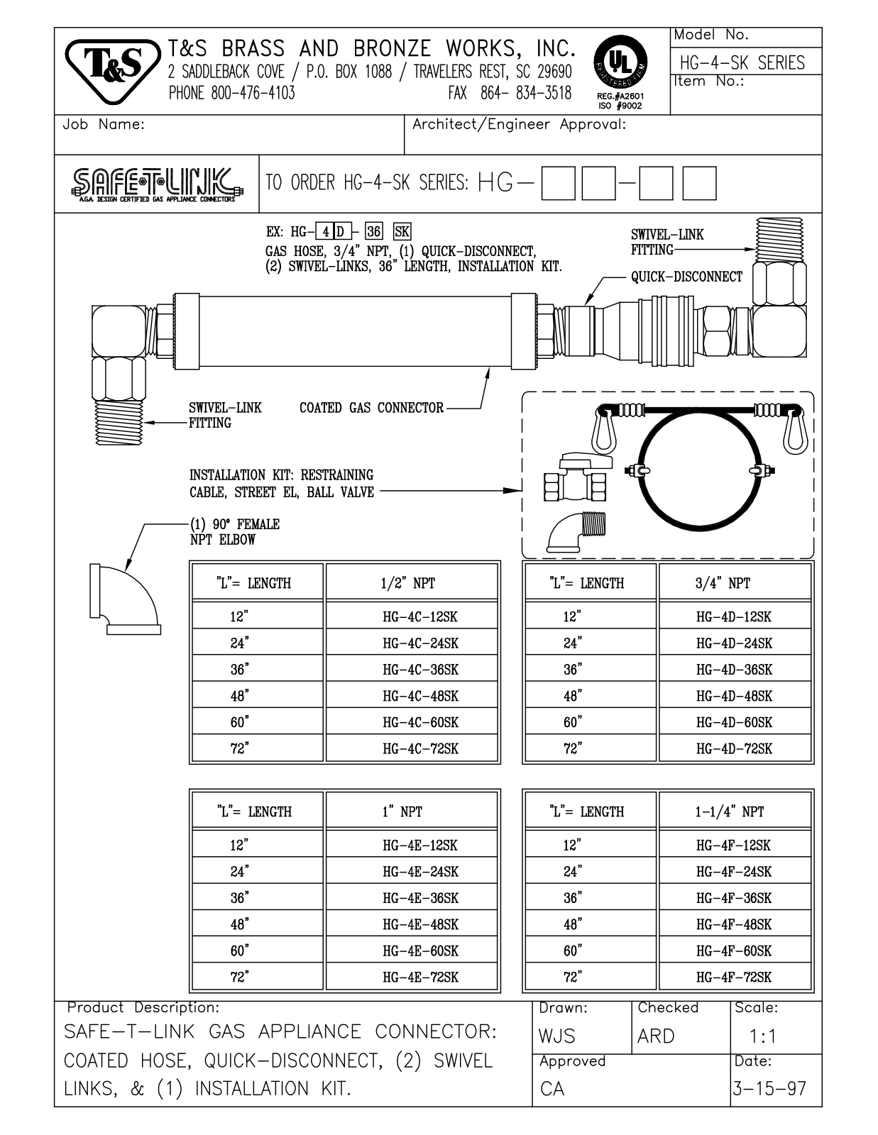 T & S Brass & Bronze Works HG-4C-12SK General Manual