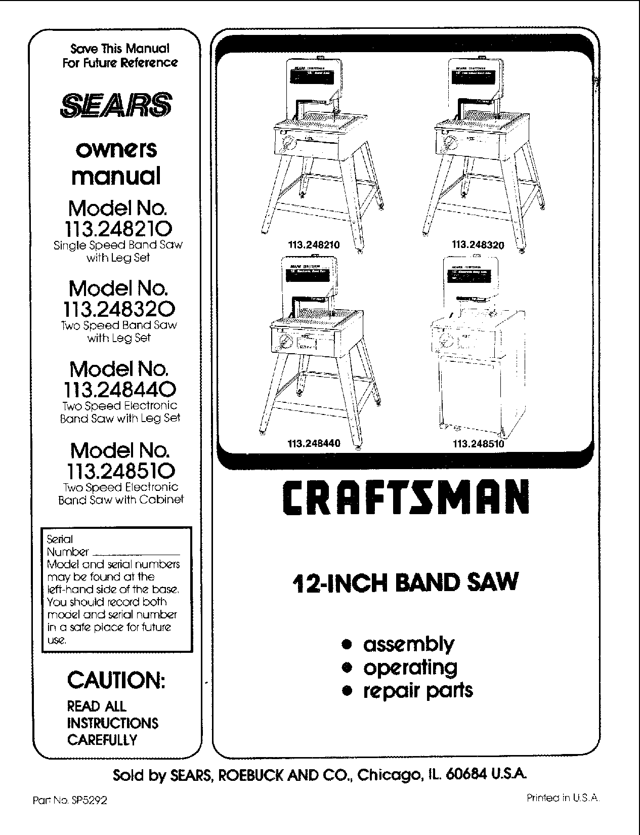 Craftsman 113248320, 113248210 Owner’s Manual