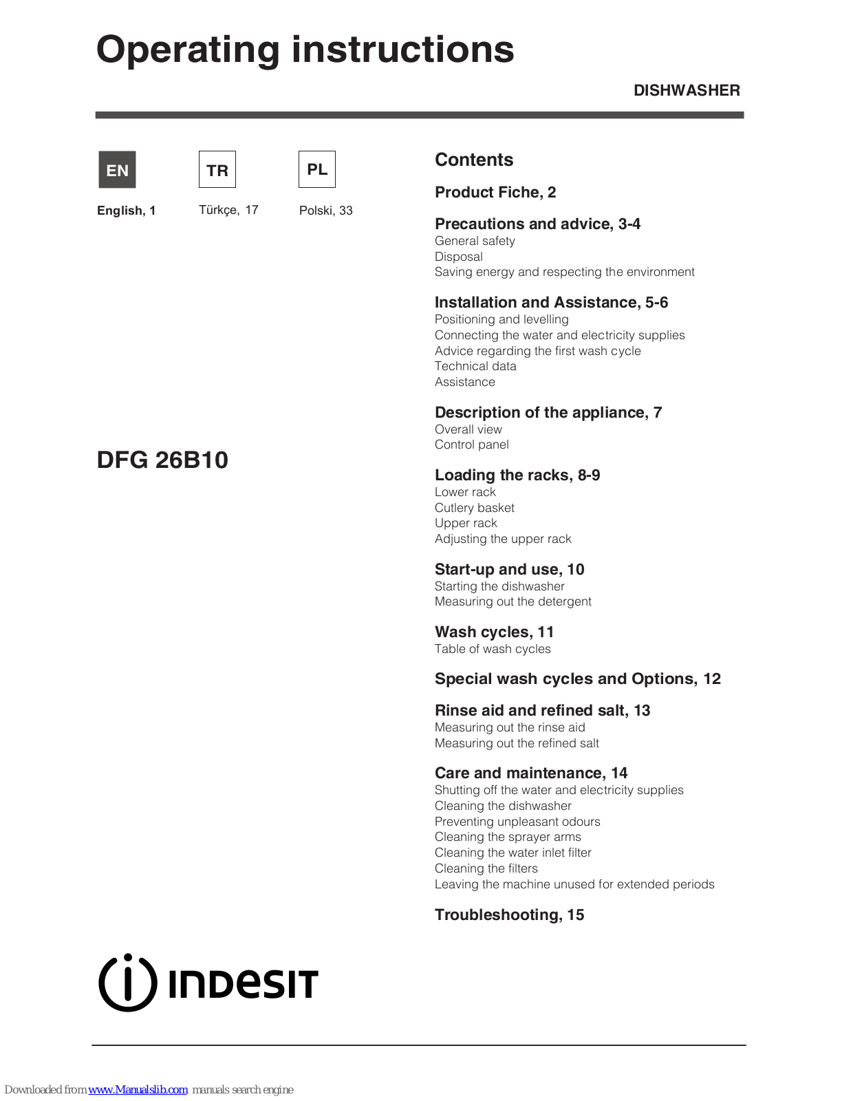 Indesit DFG 26B10, DFG 26M10 Operating Instructions Manual