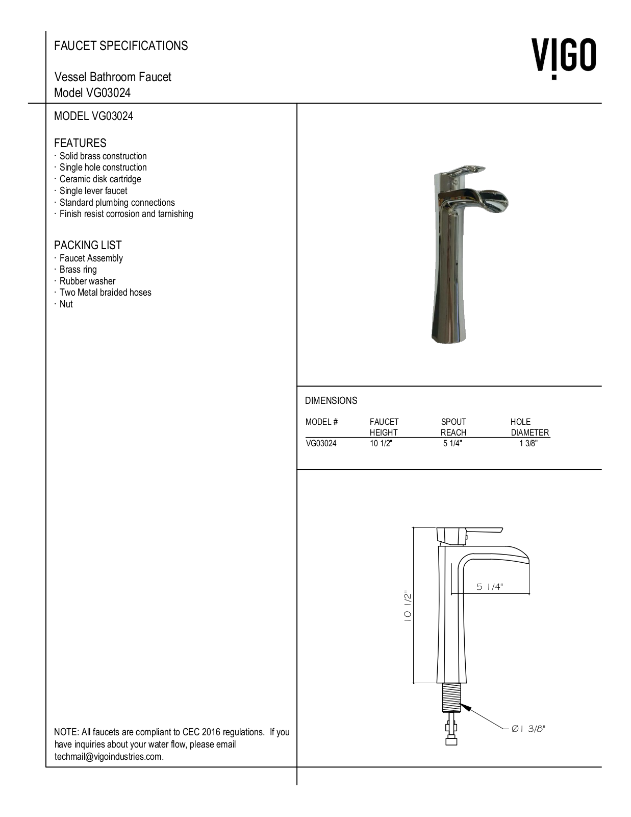 Vigo VG03024MW Specifications