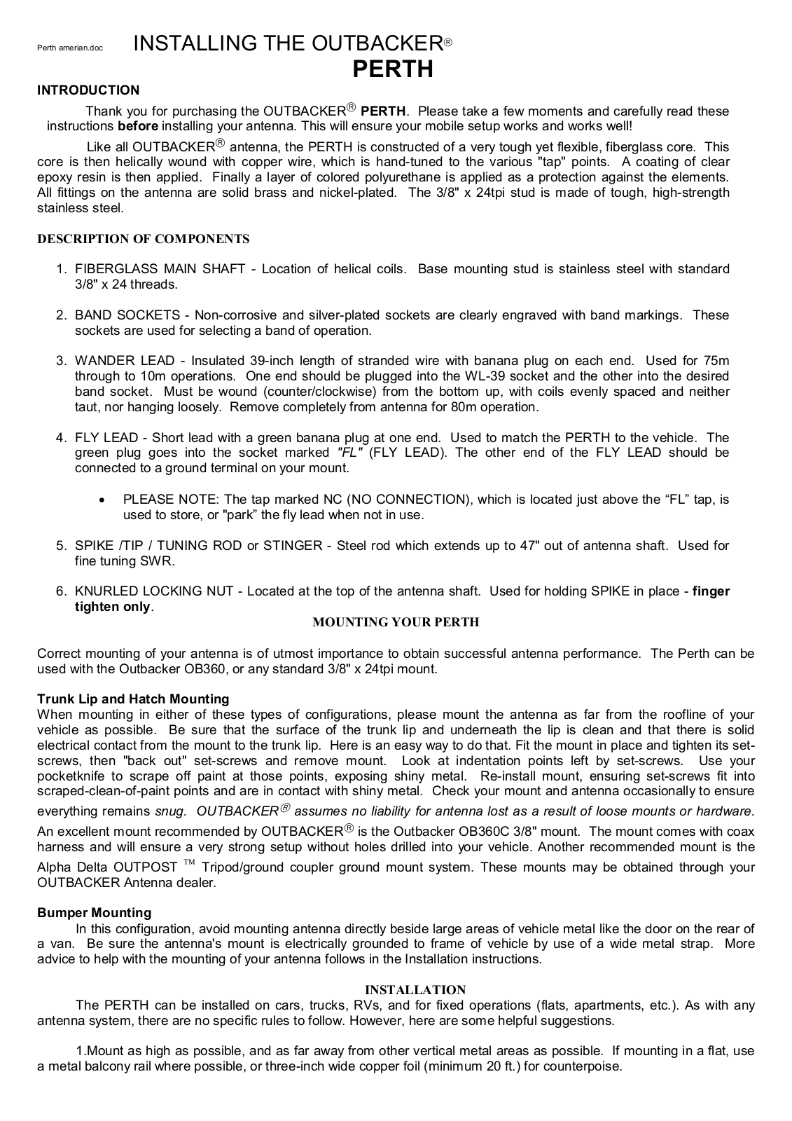 Outbacker PERTH Installation Instruction - ManualMachine.com