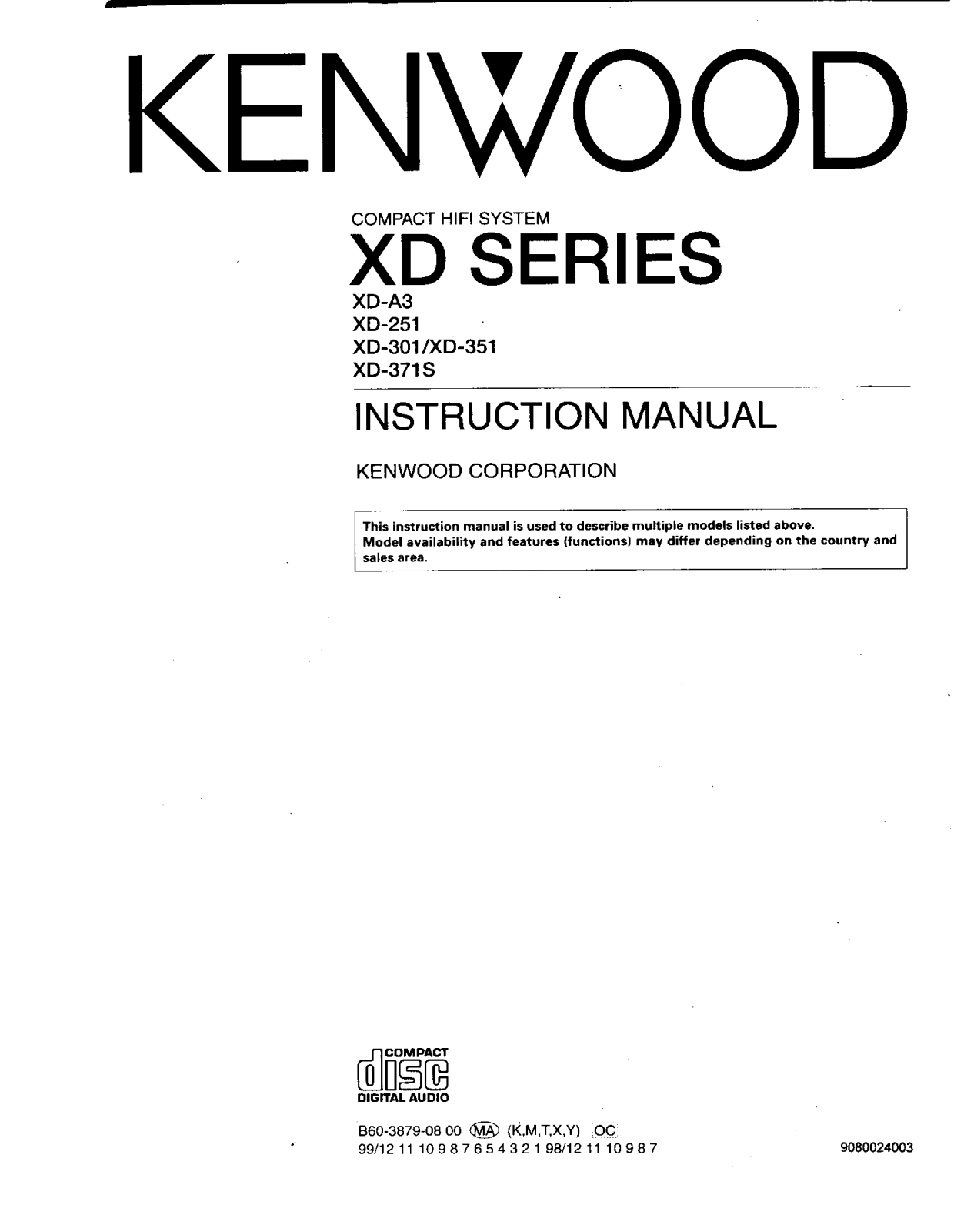 Kenwood XD-A3, XD-251, XD-351, XD-371S, RXD-A3 Owner's Manual