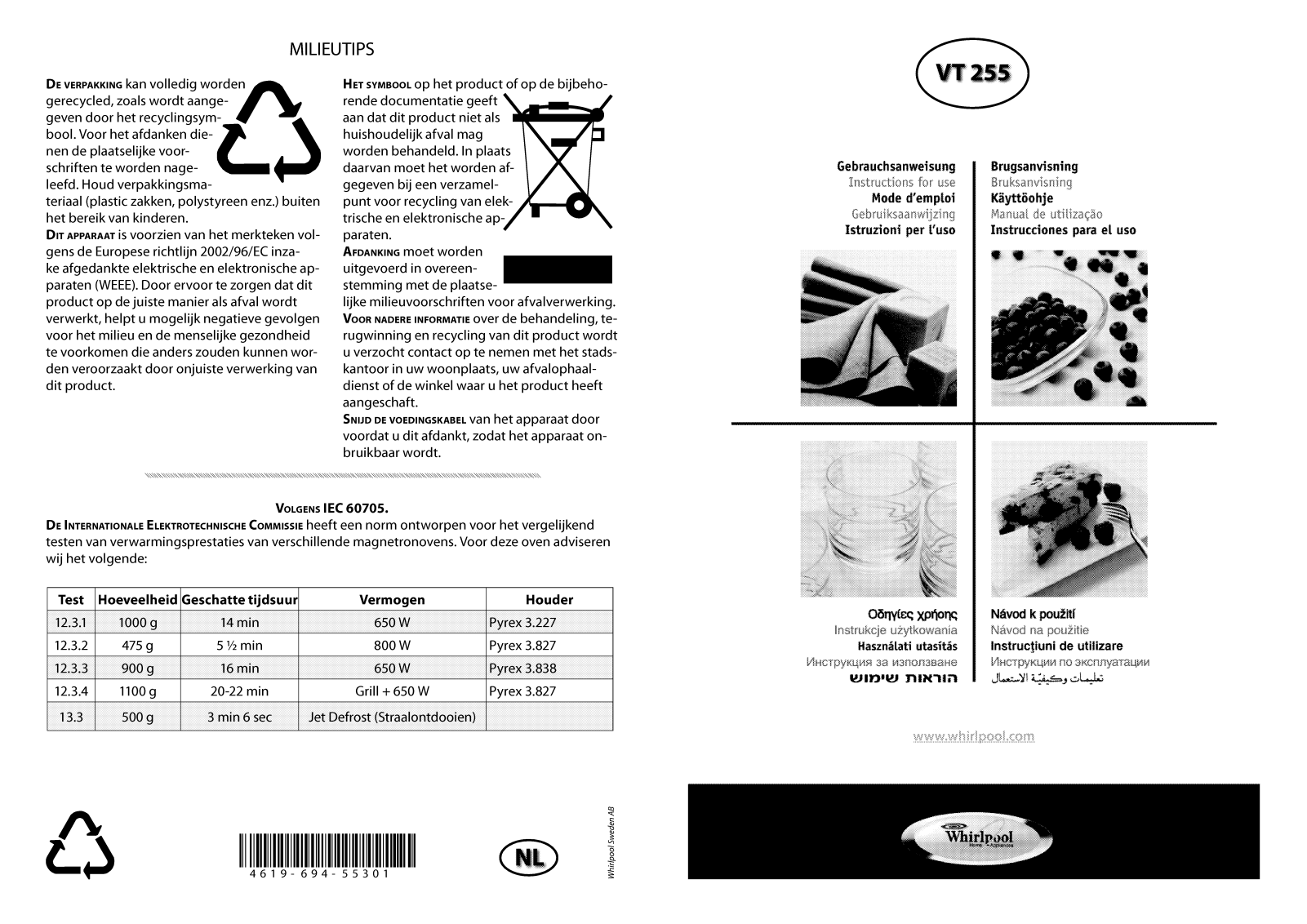 Whirlpool VT255/SL, VT 255 / BL INSTRUCTION FOR USE