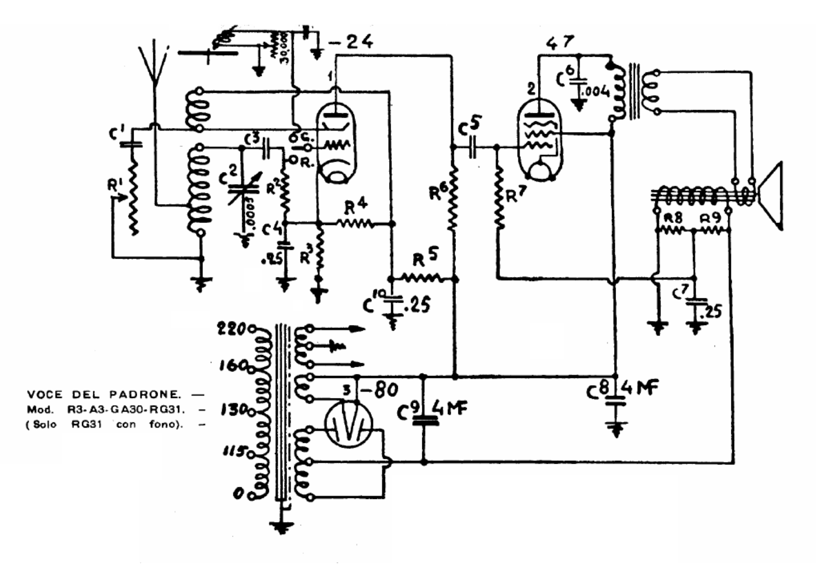 Voce Del Padrone Marconi r3, a3, ga30, rg31 schematic