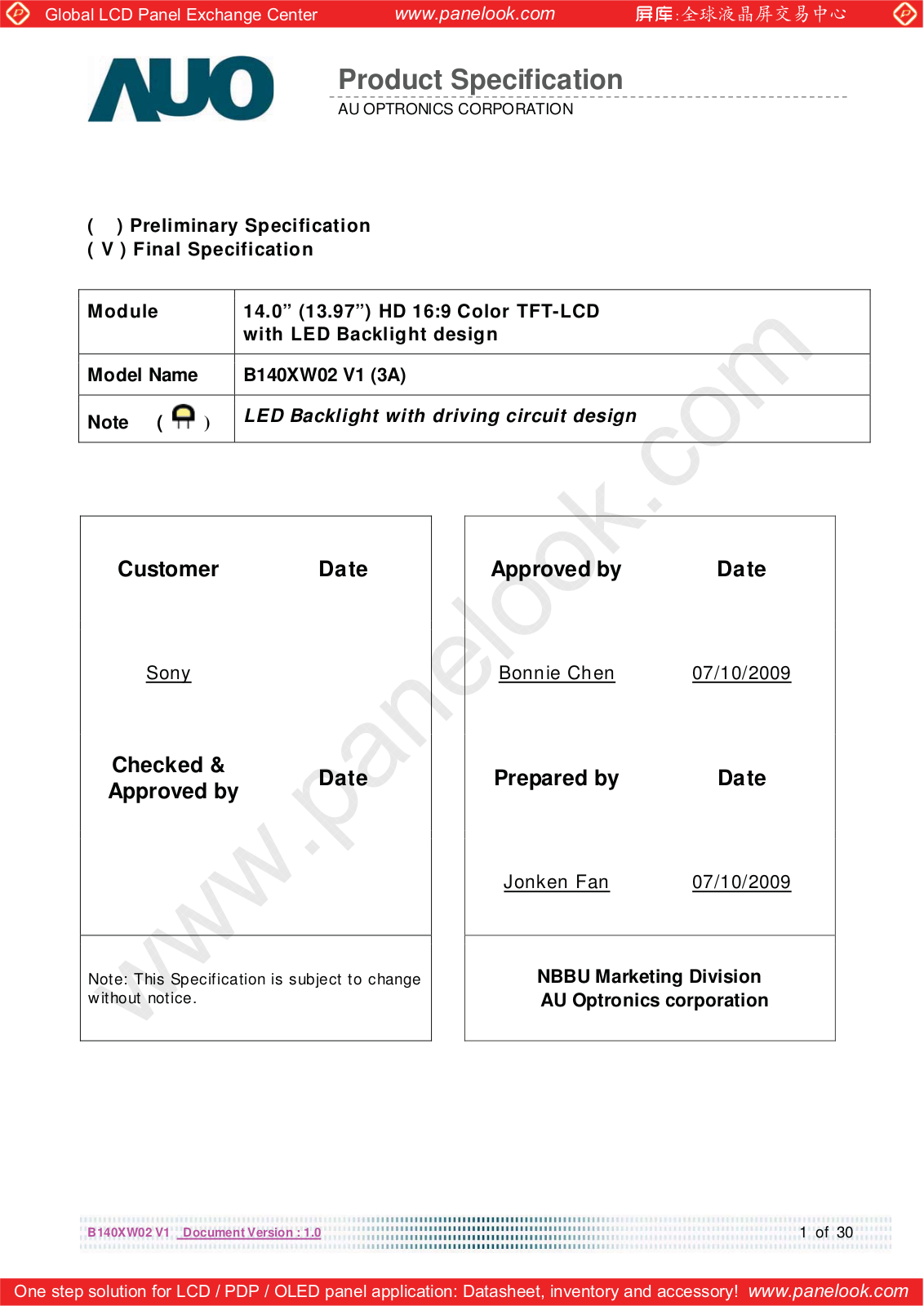 AUO B140XW02 V1 Specification