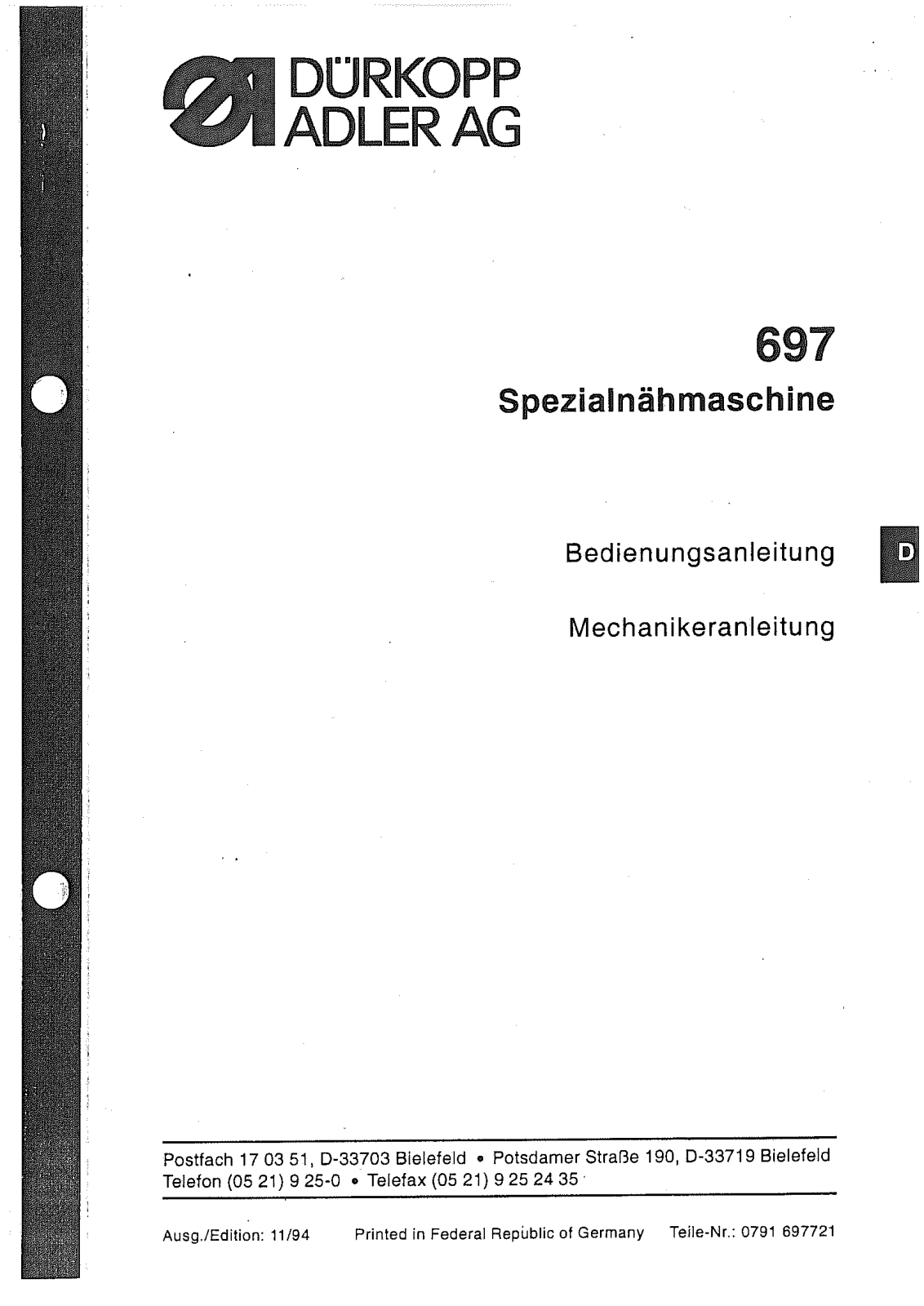 Duerkopp Adler 697 Service Manual