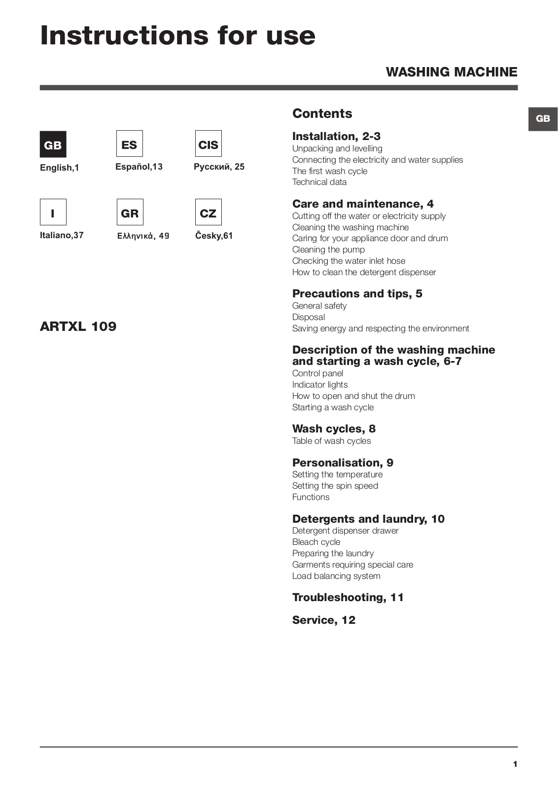 Hotpoint Ariston ARTXL 109 User Manual