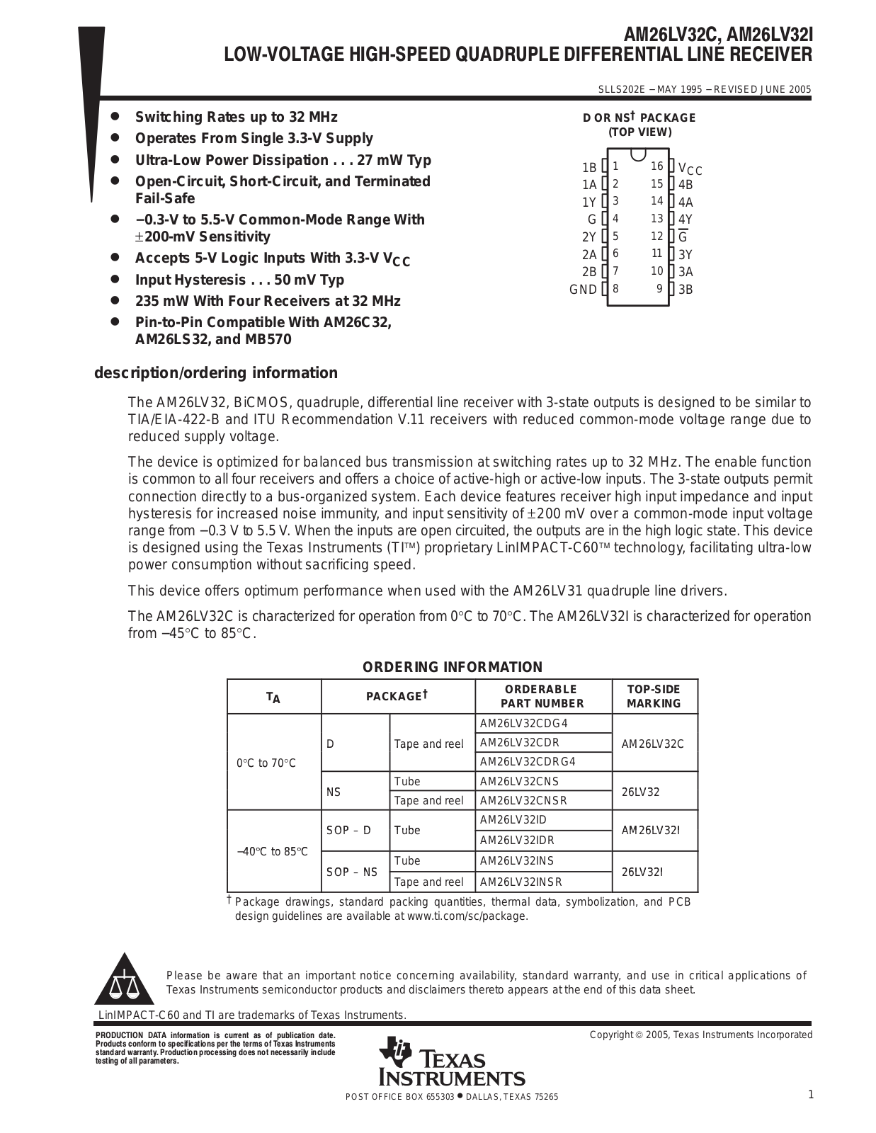 TEXAS INSTRUMENTS AM26LV32C, AM26LV32I Technical data