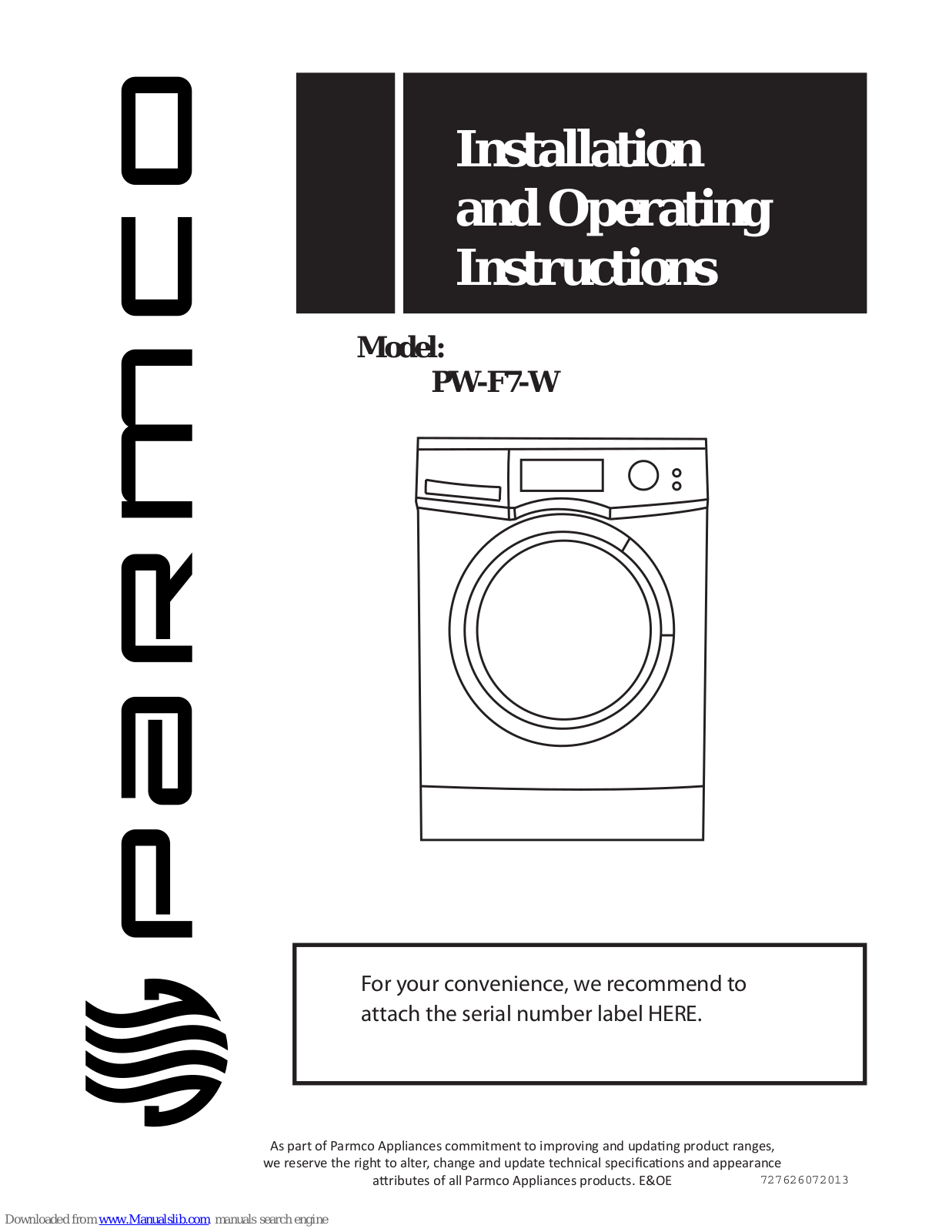 Parmco PW-F7-W Installation And Operating Instructions Manual