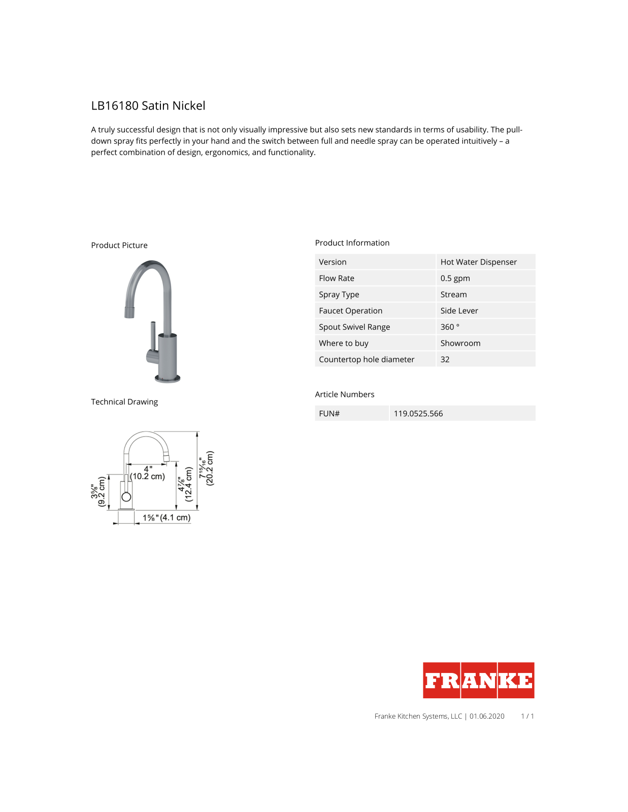 Franke LB16180 Specification Sheet