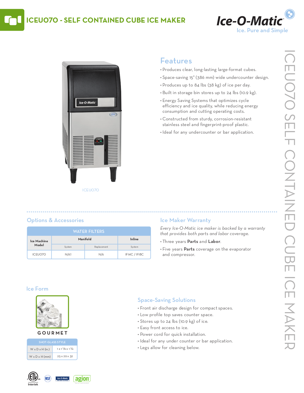 Ice-O-Matic ICEU070A Specifications