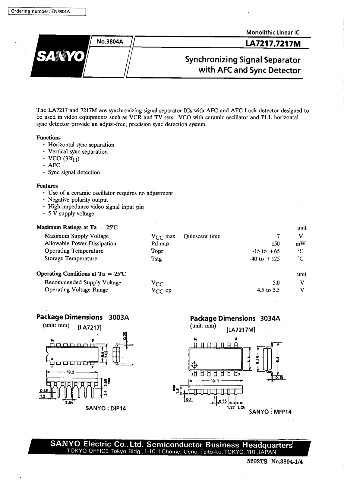 SANYO LA7217M, LA7217 Datasheet