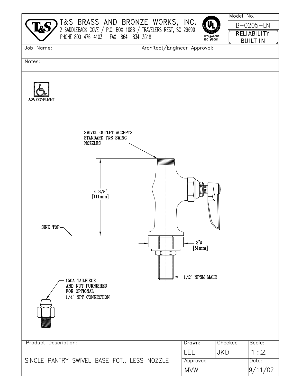 T & S Brass & Bronze Works B-0205-LN General Manual