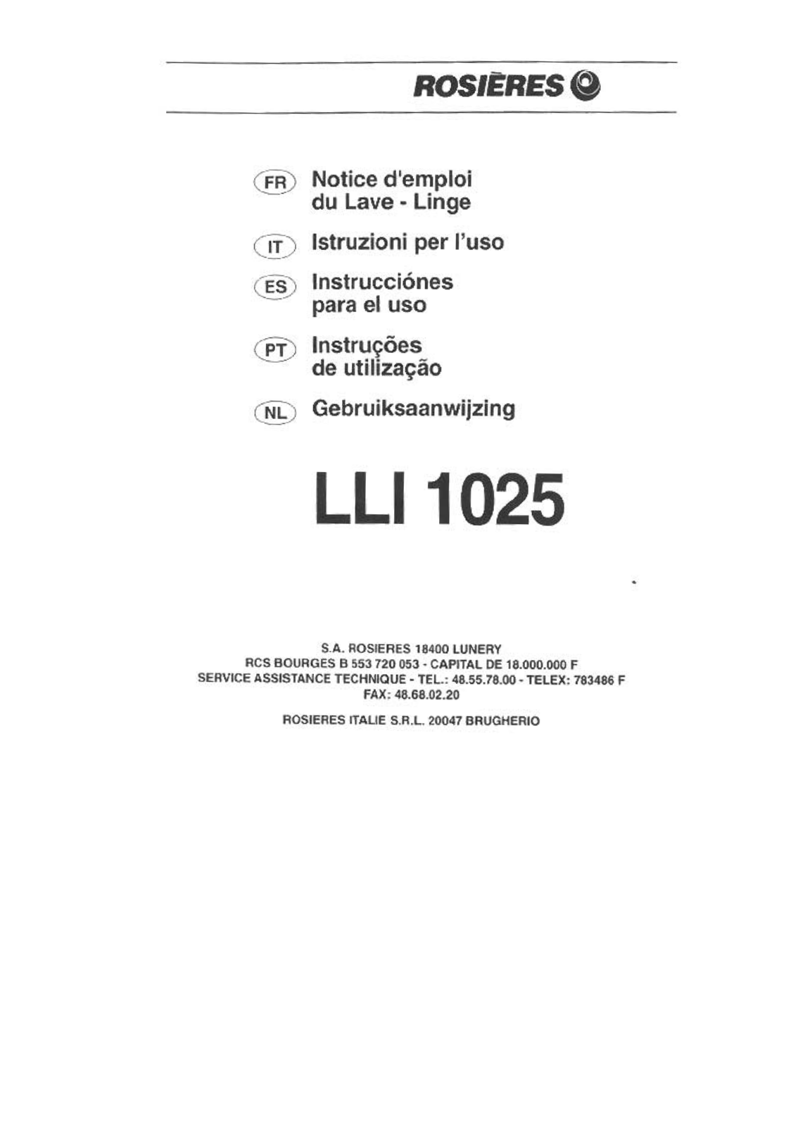 Rosieres LLI 1025 User Manual