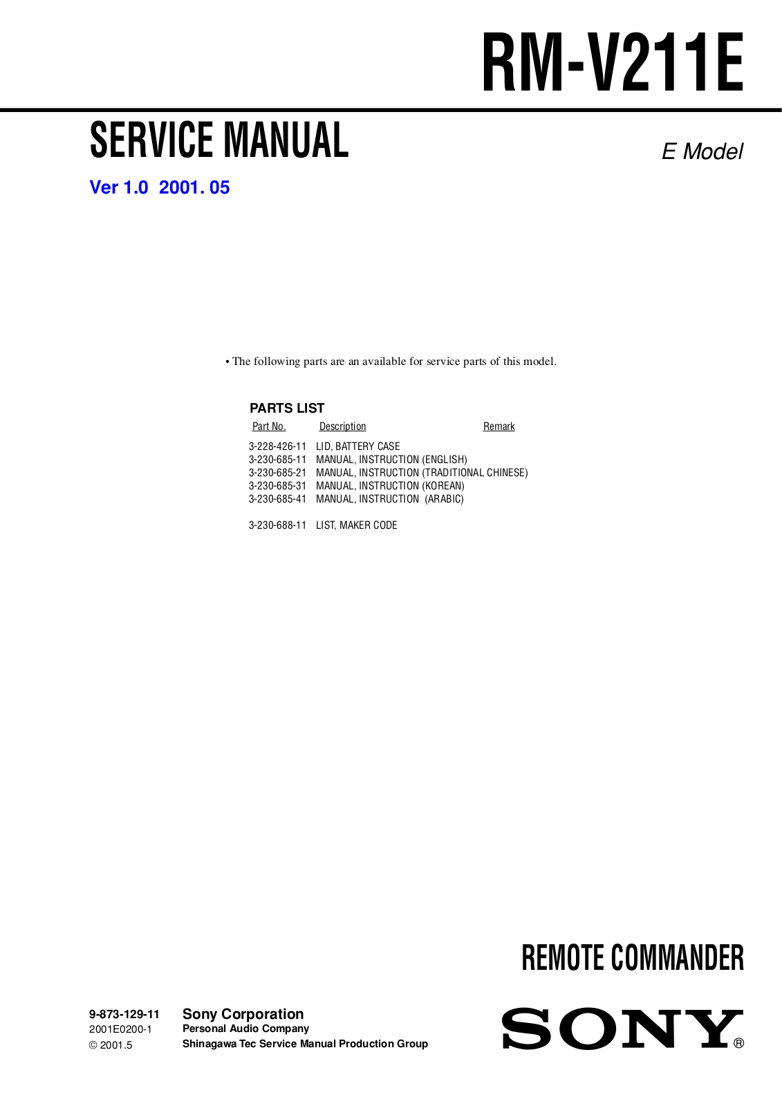 Sony RM-V211E Service Manual