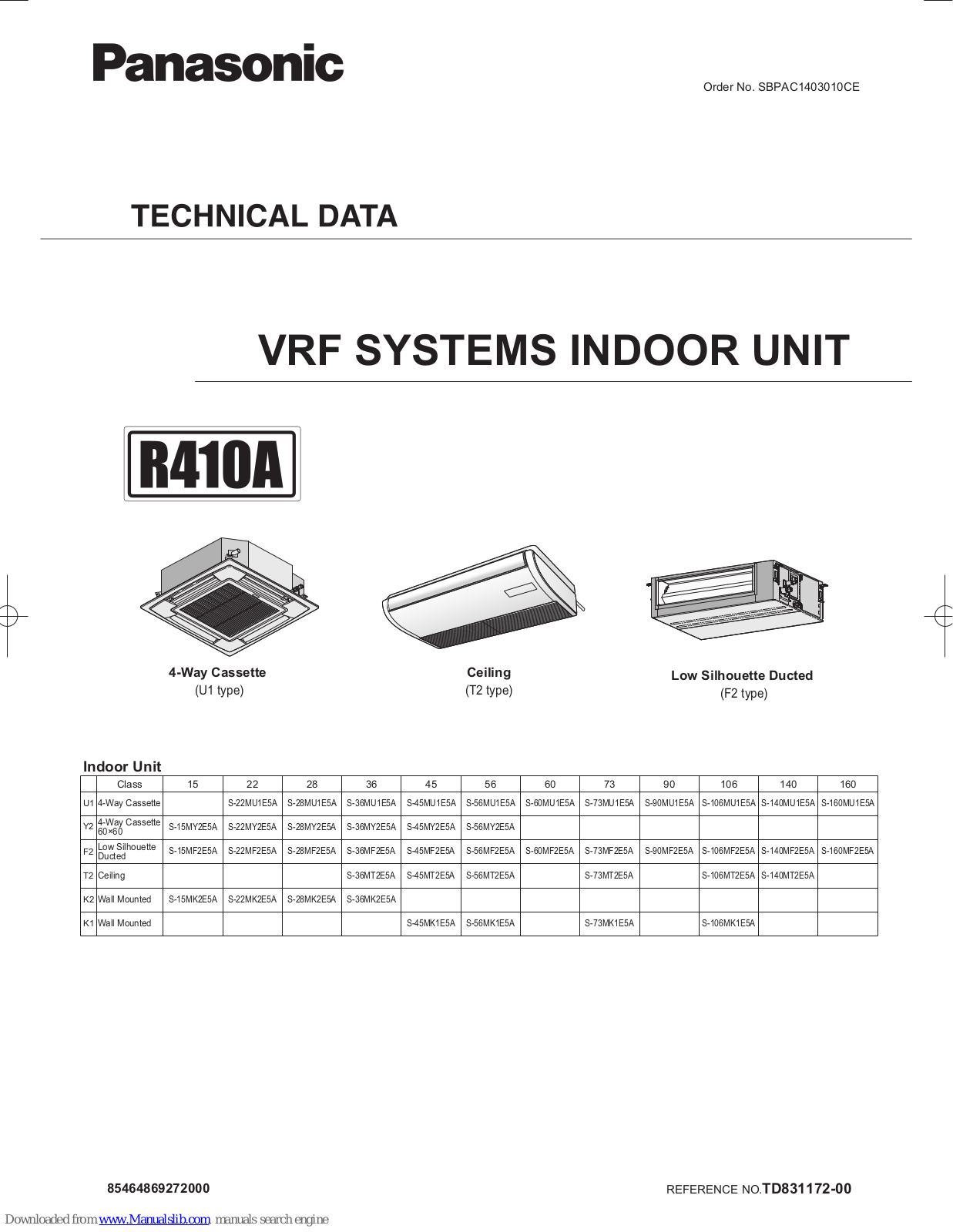 Panasonic S-28MU1E5A, S-22MK2E5A, S-28MK2E5A, S-28MY2E5A, S-28MF2E5A Technical Data Manual