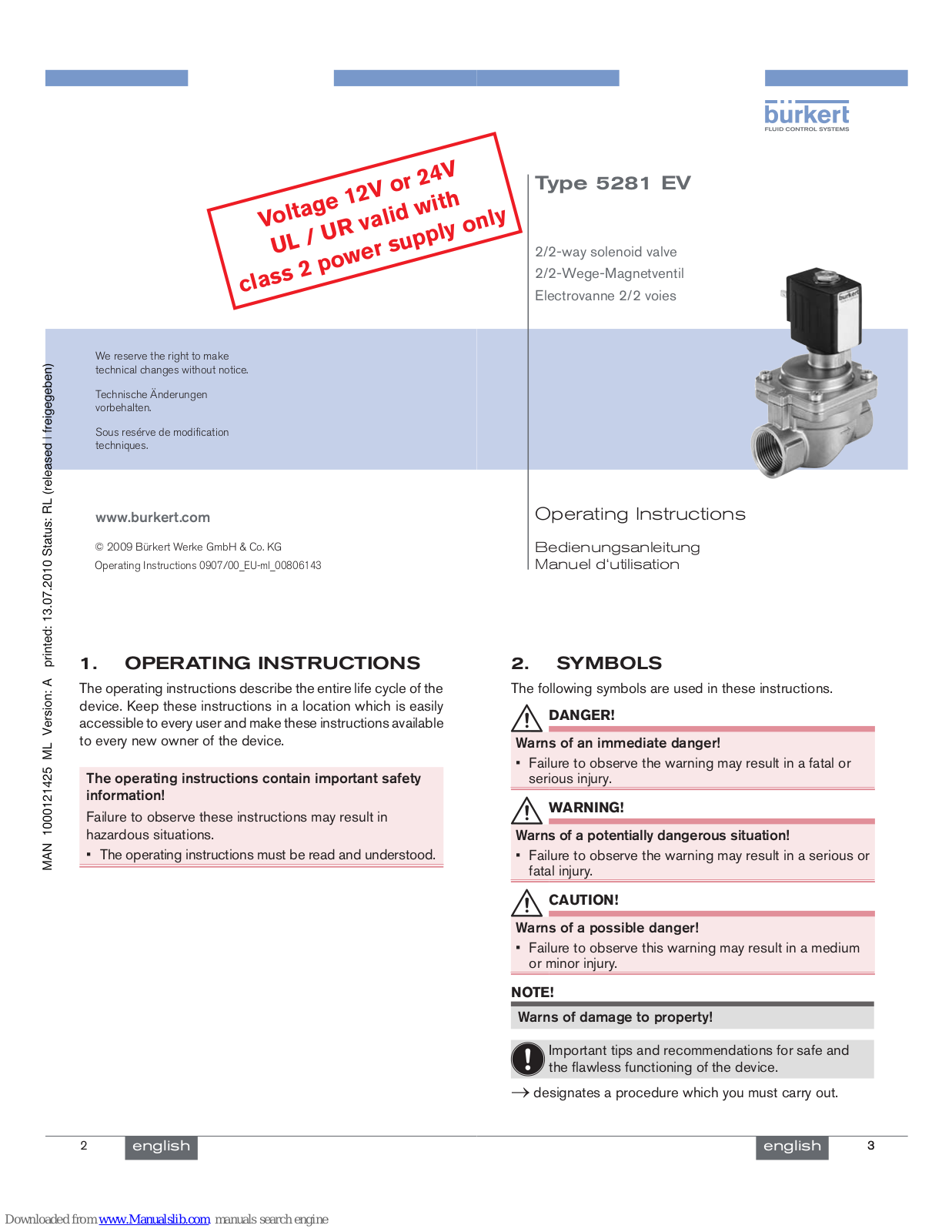 Burkert 5281 EV, 6213 Operating Instructions Manual