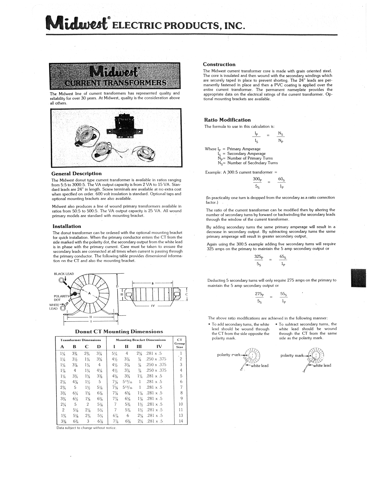 Midwest Electric Products Current transformers Catalog Page