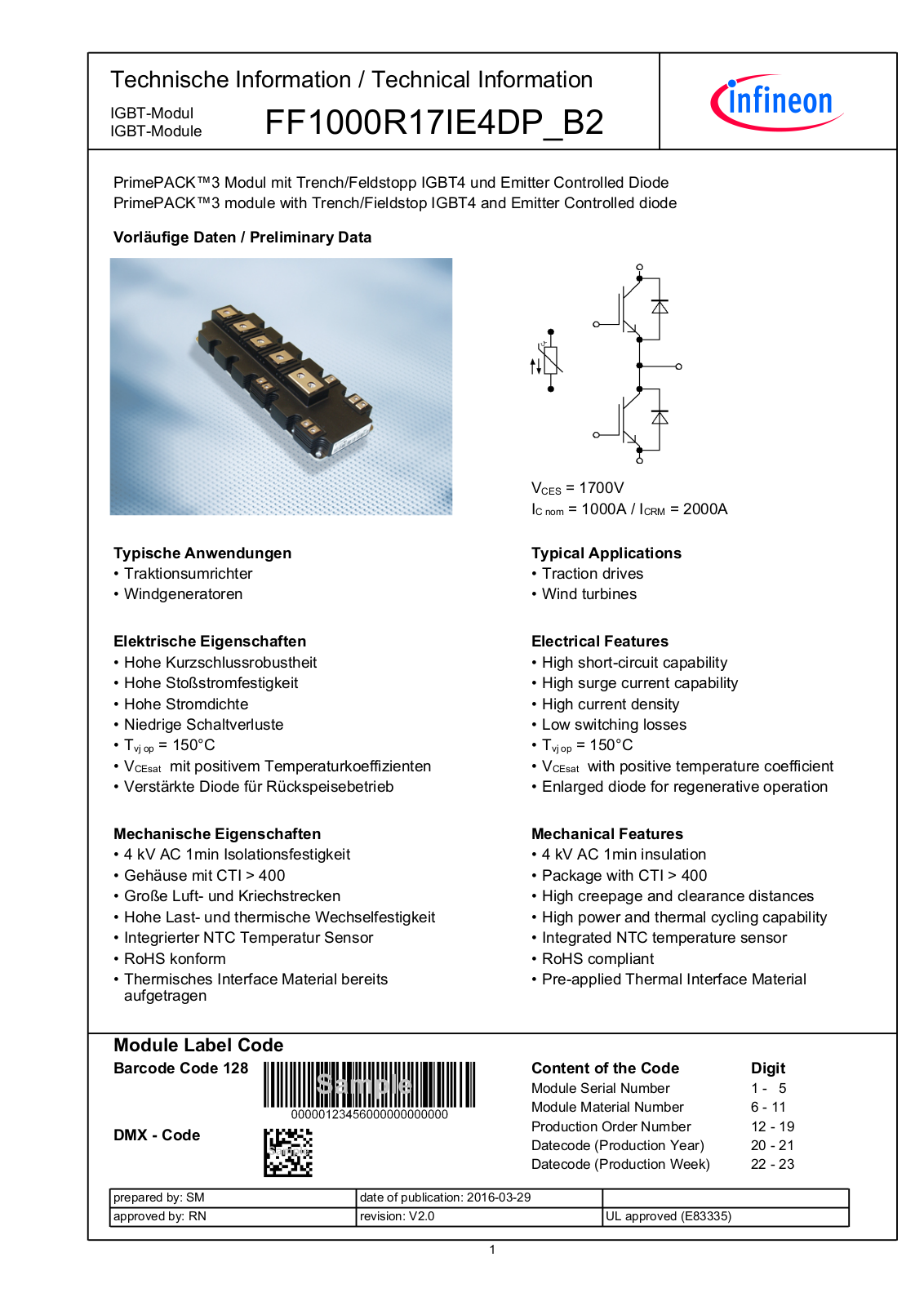 Infineon FF1000R17IE4DP_B2 Data Sheet