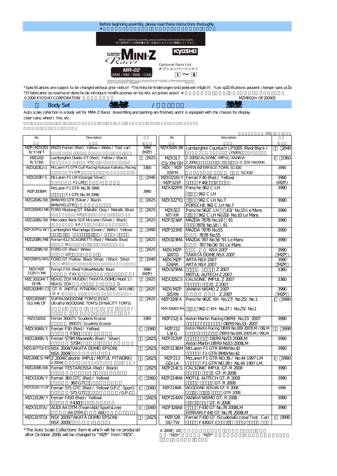 kyosho MR-02 Parts List