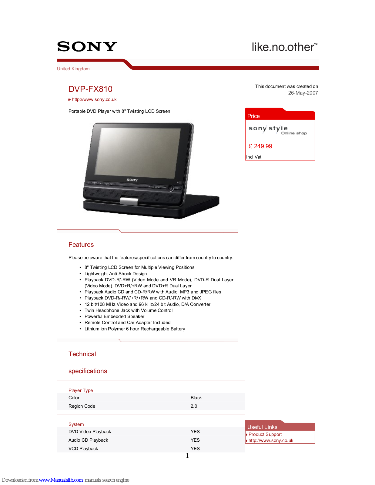 Sony DVP-FX810B Specifications