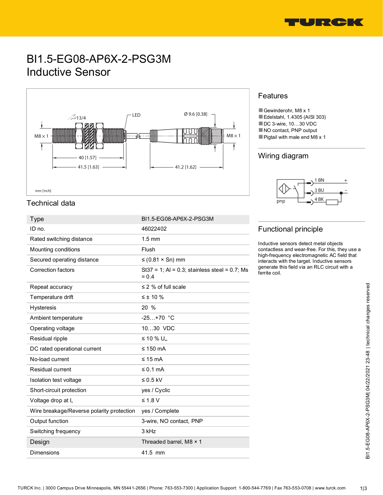 TURCK BI1.5-EG08-AP6X-2-PSG3M Datasheet