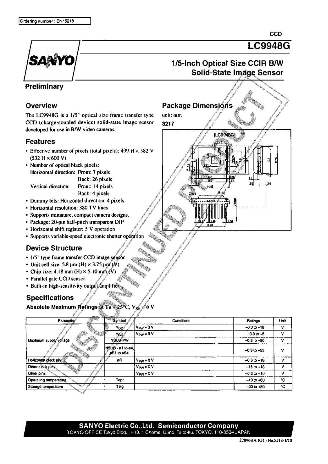 Sanyo LC9948G Specifications