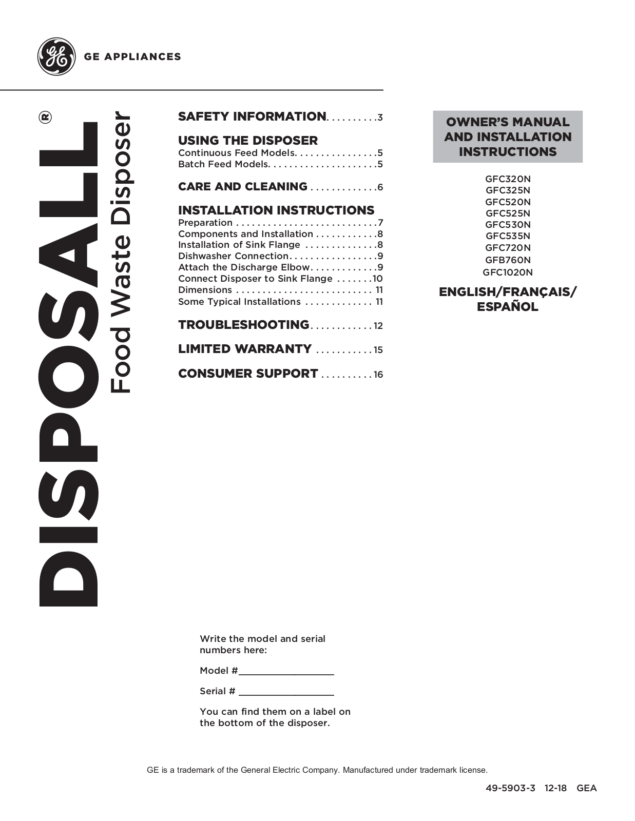 GE GFC535N, GFC525N, GFC320N, GFC520N, GFC1020N Installation Manual