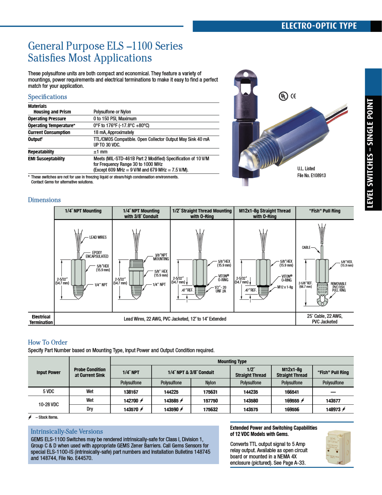 Gems Sensors & Controls ELS 1100 Series Catalog Page