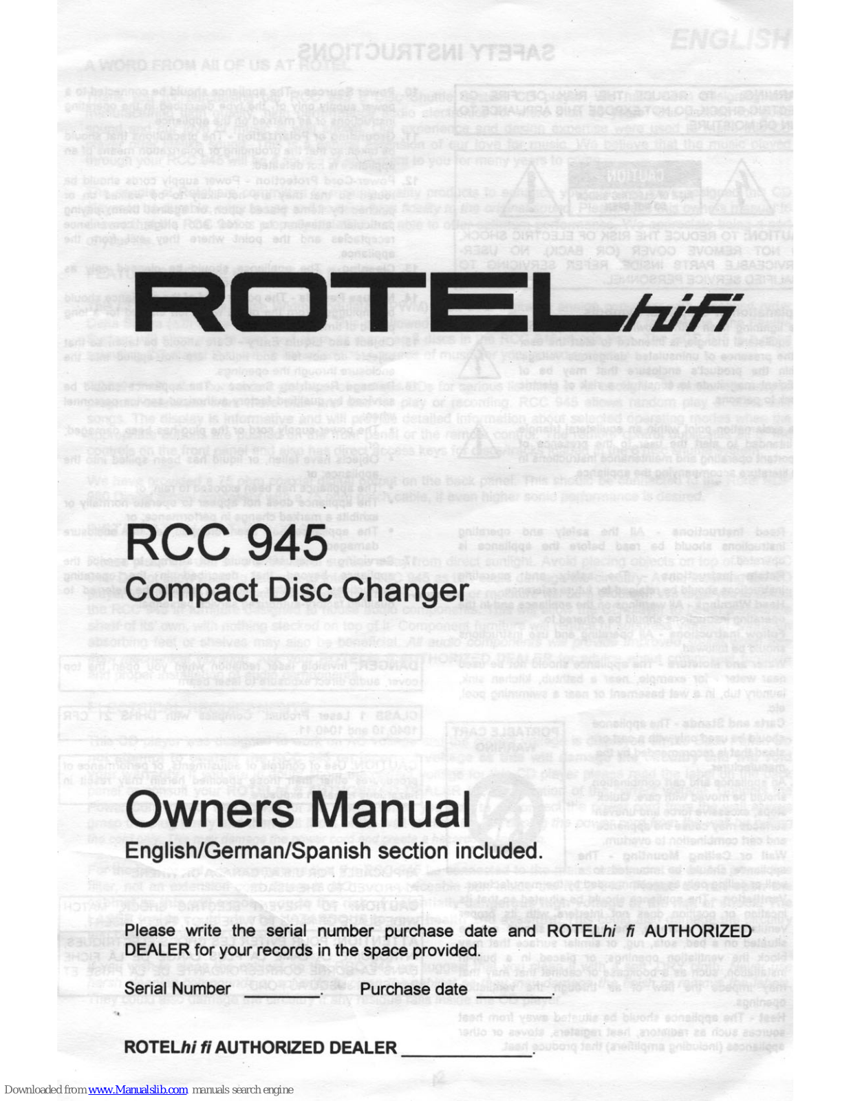 Rotel Compact Disc Changer RCC 945, RCC 945 Owner's Manual