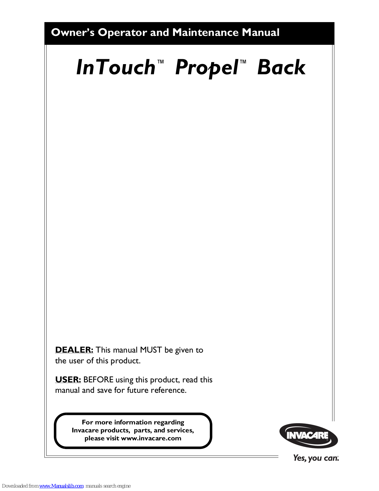 Invacare InTouch Propel Back Owners Operating & Maintenance Manual