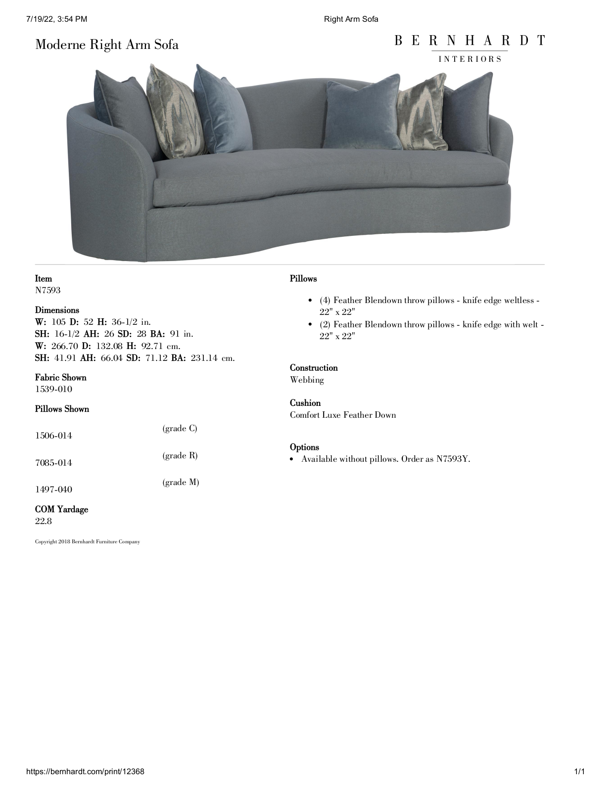 Bernhardt BHT11952 Specifications - ManualMachine.com