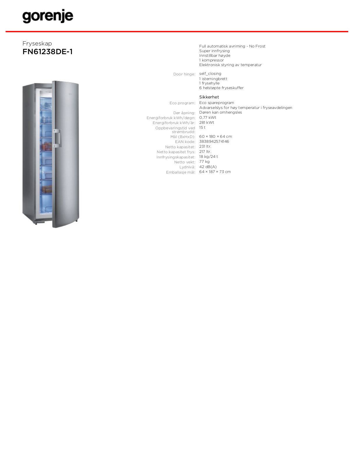 Gorenje FN61238DE-1 DATASHEET