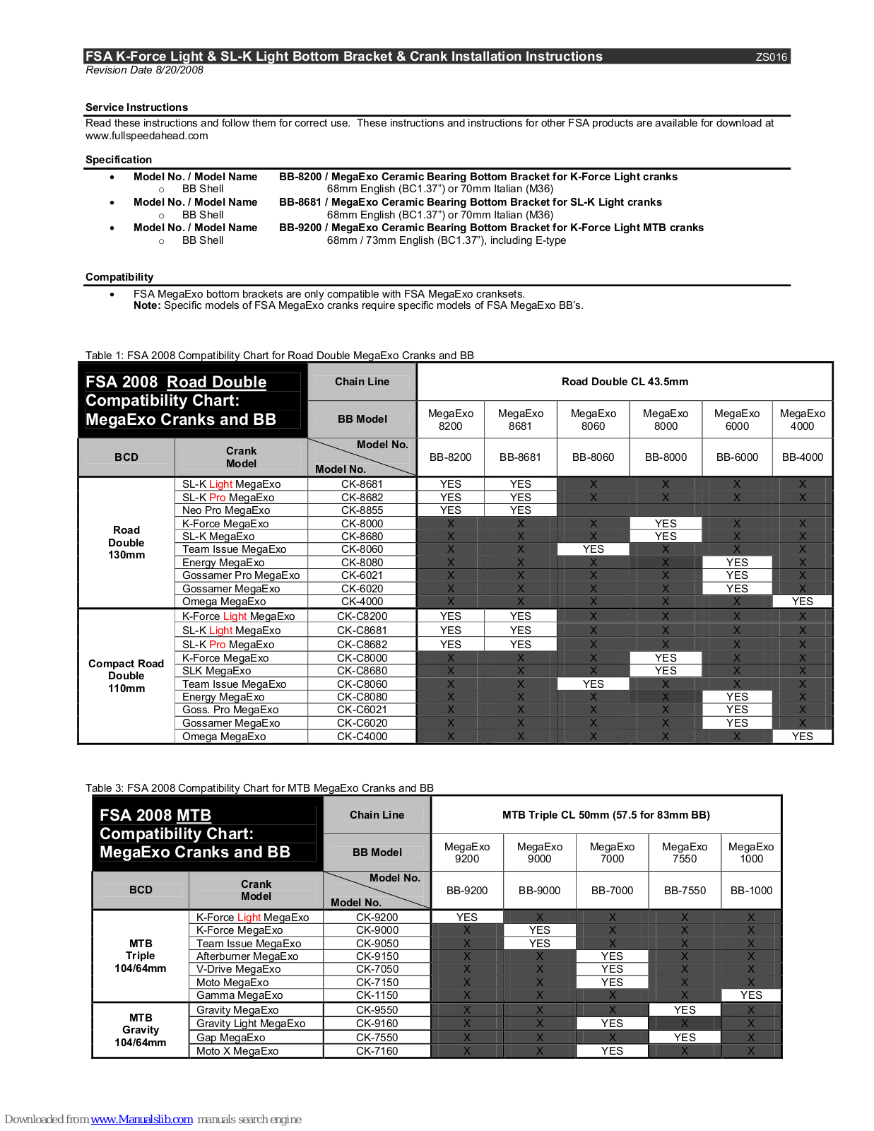 FSA CRANKSETS, K-Force Light, SL-K Light, BB-8200, BB-8681 Installation Instructions Manual - ManualMachine.com