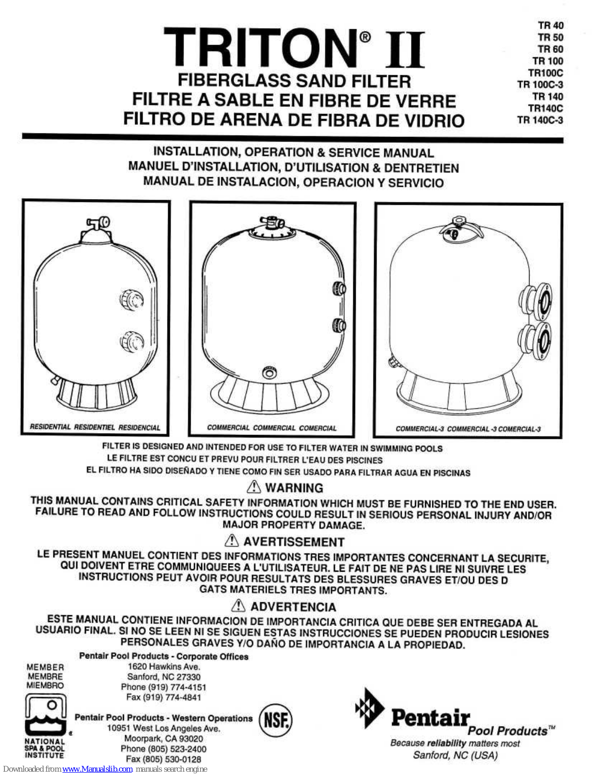 Pentair TR 140, TR 60, TR TR140C, TR 140C-3, TR 100 Installation, Operation & Service Manual