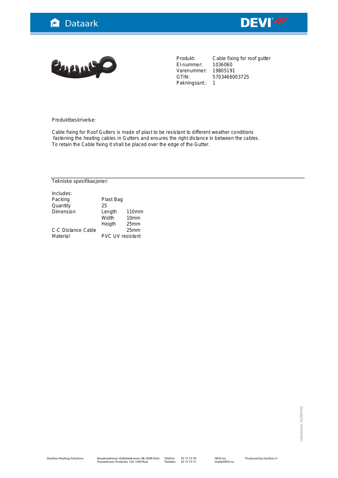 Danfoss Cable fixing for roof gutter Fact sheet