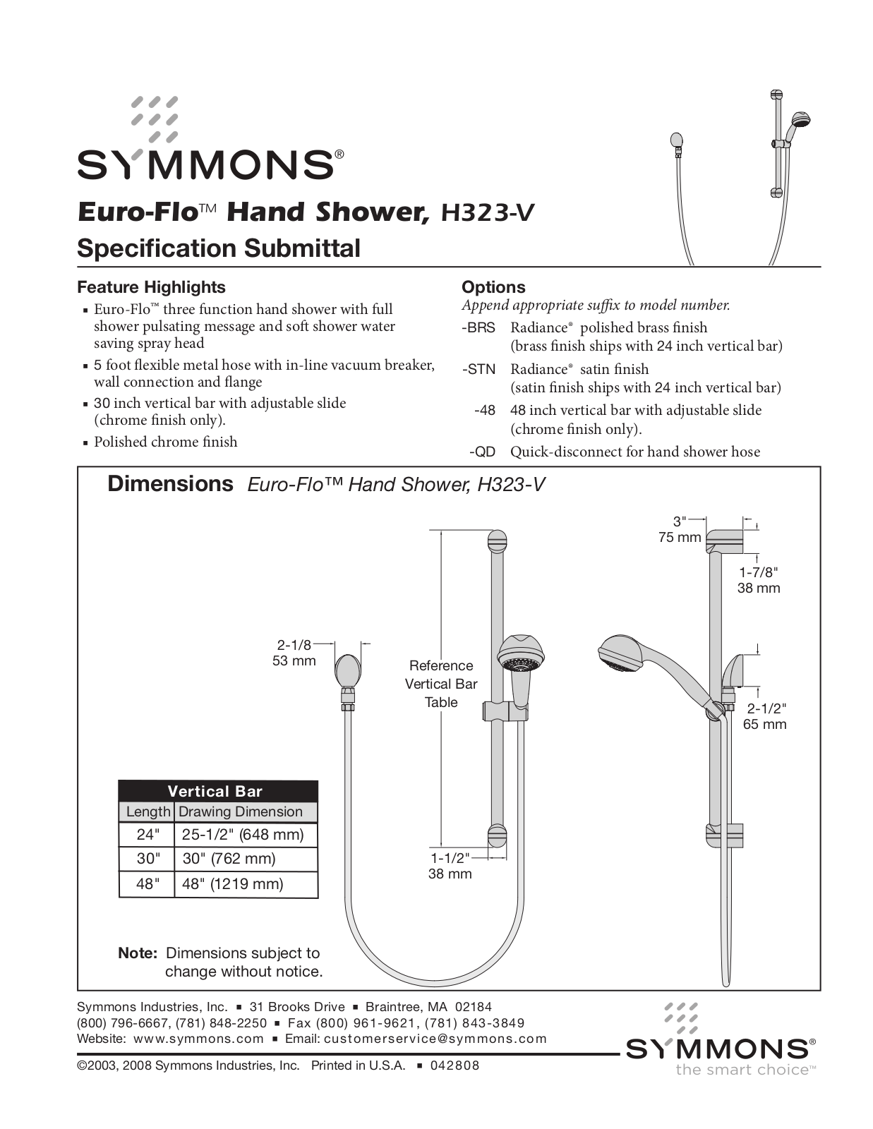 Symmons H323-V User Manual