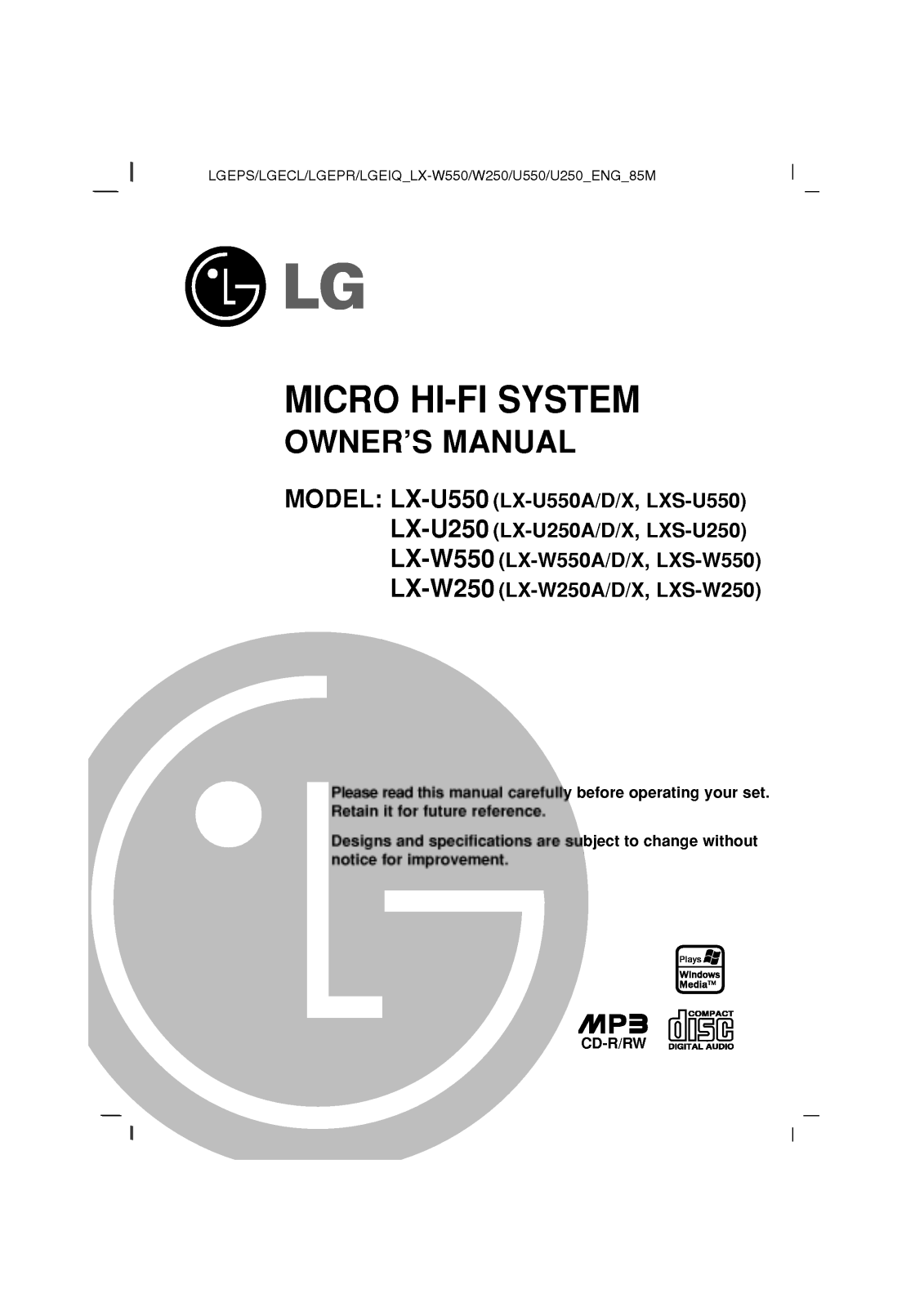 LG LX-W550A Owner's Manual