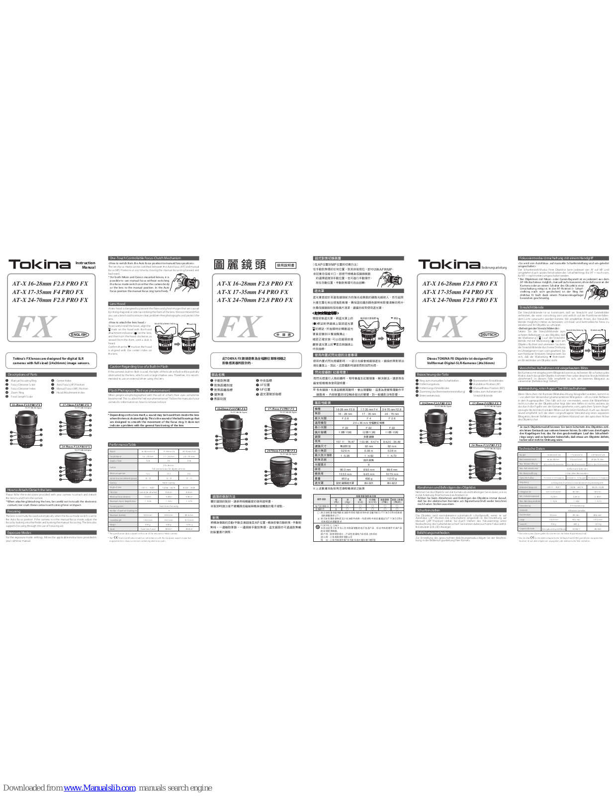 Tokina 16-28mm F2.8, 17-35mm F4, 24-70mm F2.8 Instruction Manual