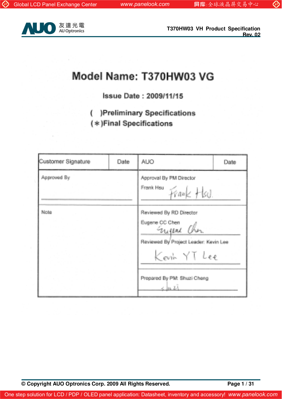 AUO T370HW03 VG Specification - ManualMachine.com
