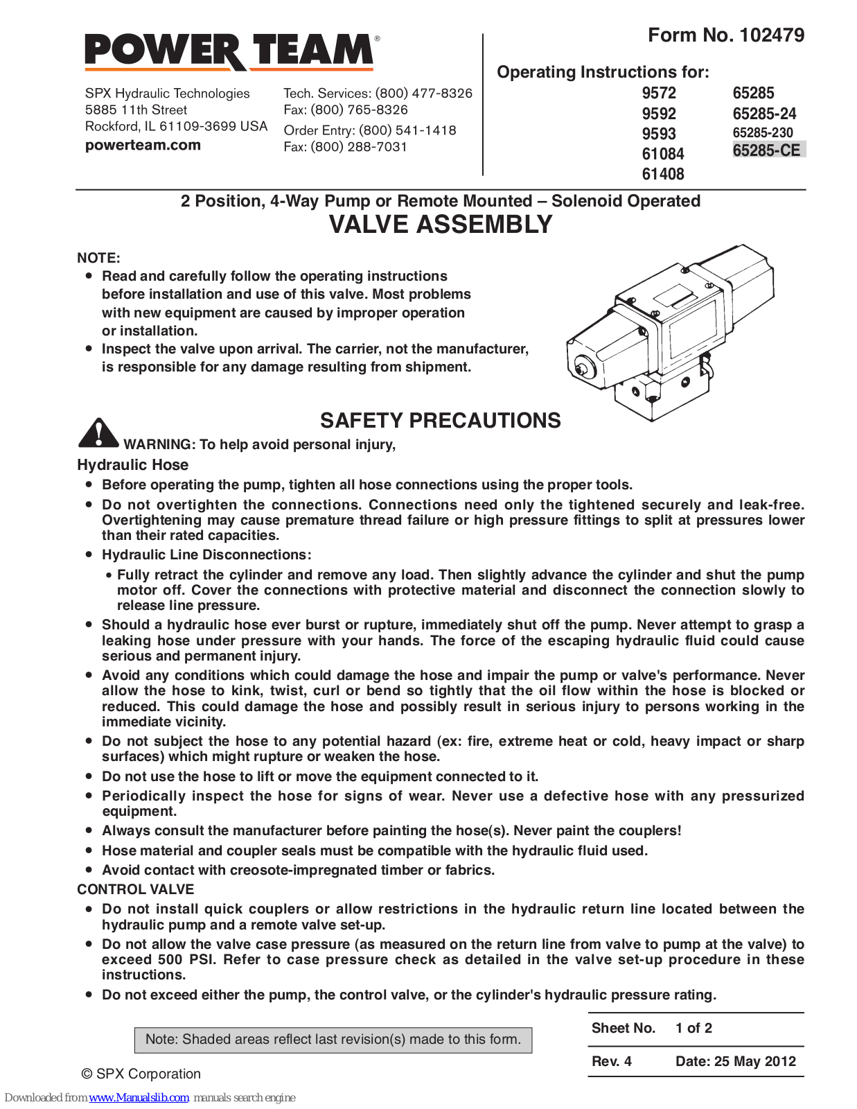 Power Team 9572, 9592, 9593, 61084, 61408 Operating Instructions Manual