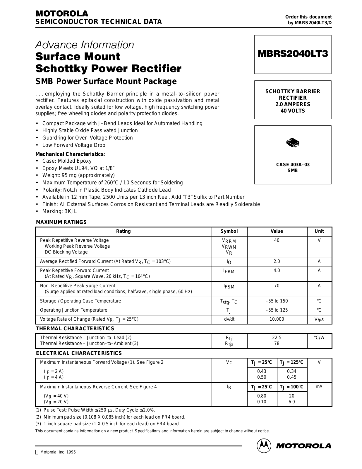 Motorola MBRS2040LT3 Datasheet