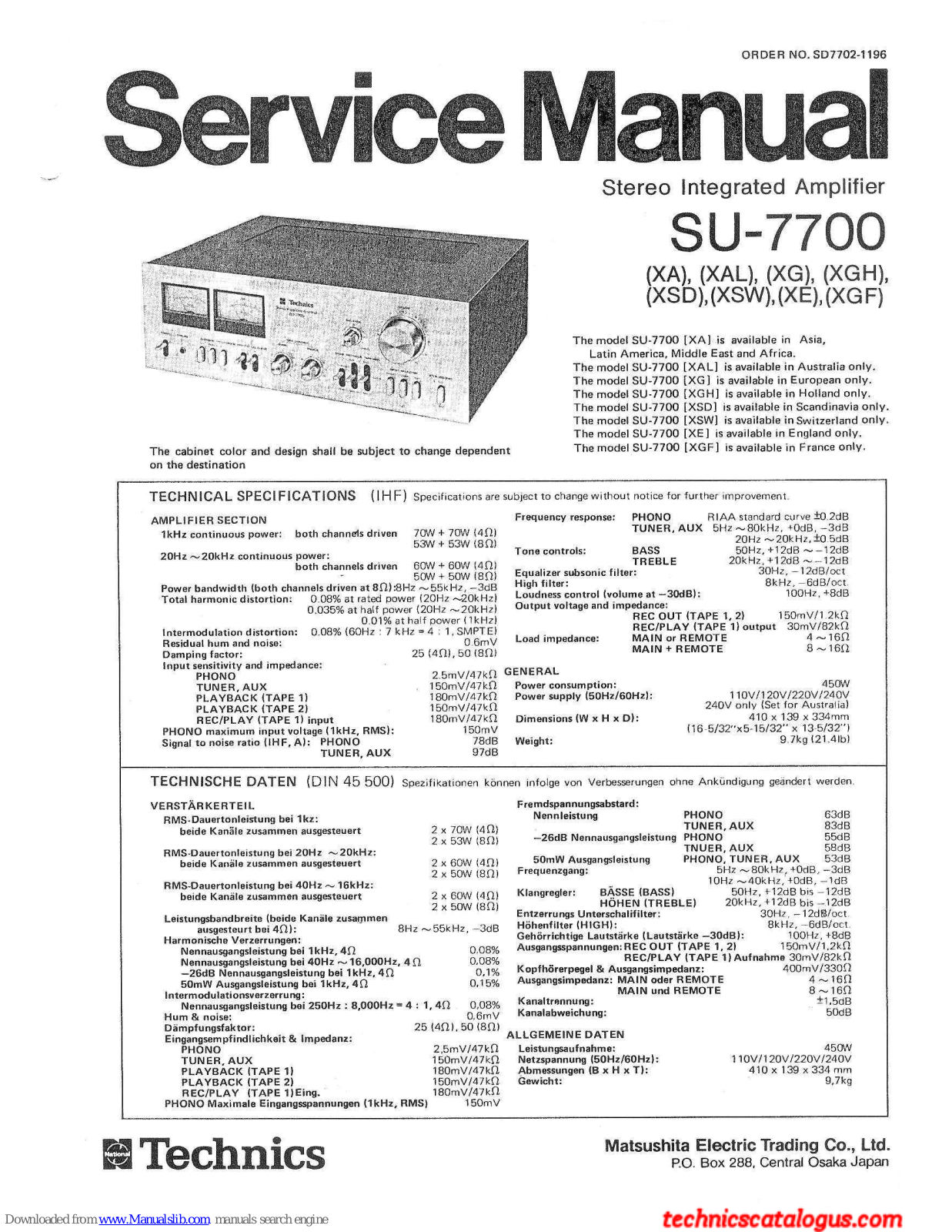 Technics SU-7700 (XA), SU-7700 (XG), SU-7700 (XAL), SU-7700 (XGH), SU-7700 (XSW) Service Manual